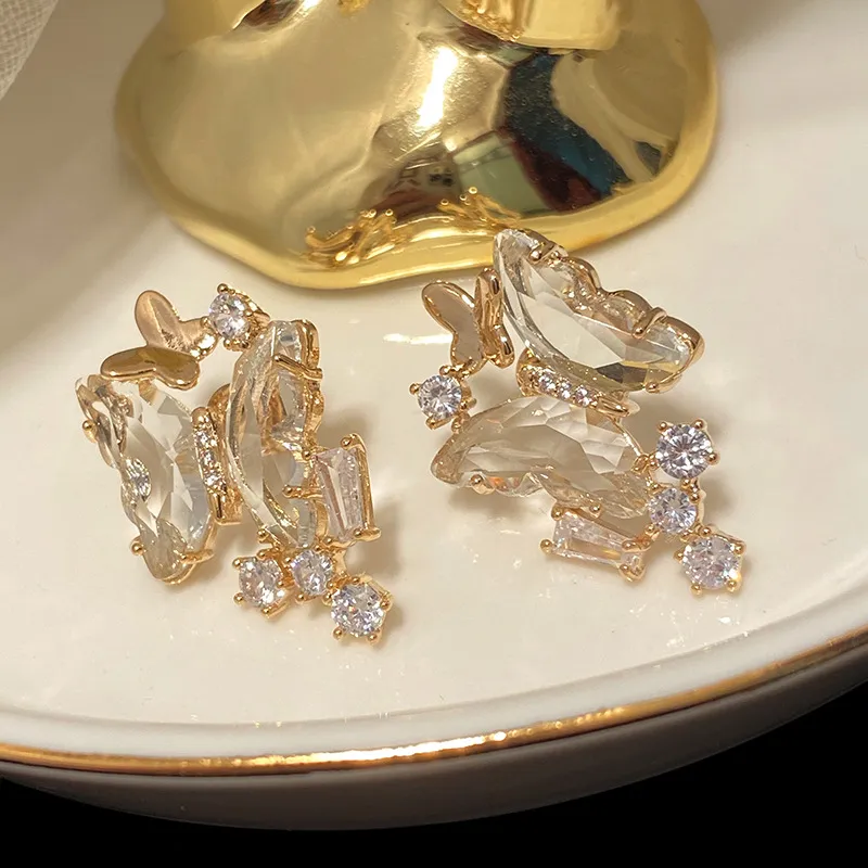 Pretty 3d glass crystal transparent butterfly diamond zirconia earrings fashion designer stud earrings for woman girls s925 silver211h