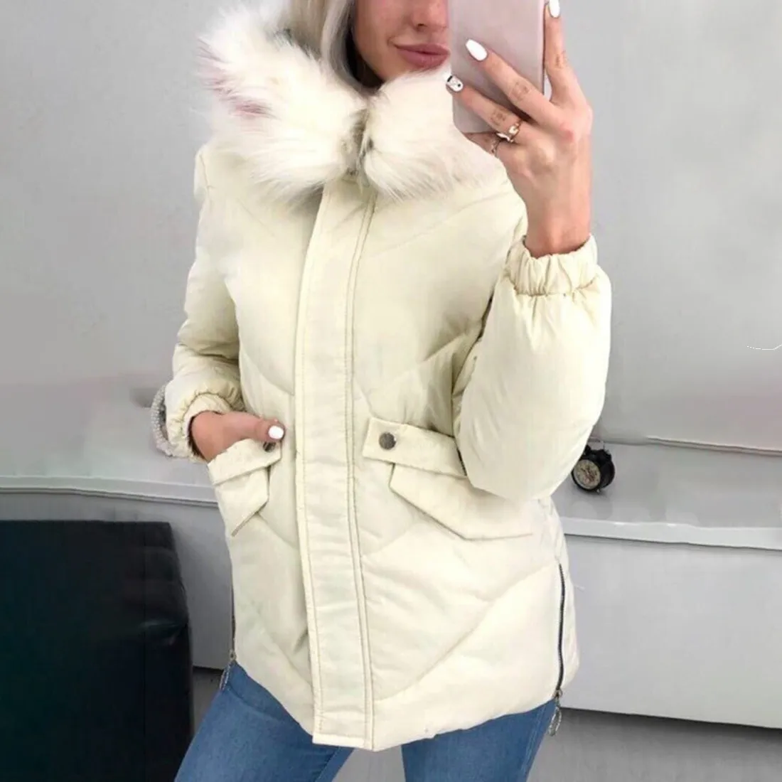 Faux Fur Collar Hooded Winter Jacket Women Short Hoodies Parka Fashion Autumn Coat Padded Outerwear Zip Button Up Down Jacket 201019