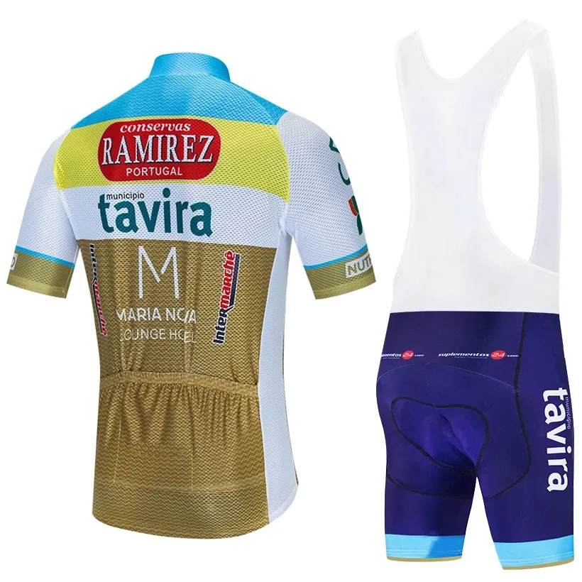 2022 팀 Tavira 짧은 슬리브 사이클링 저지 19D 패드 바지 슈트 남자 여름 MTB Pro Bicycling Shirts Maillot Culotte Wear236L