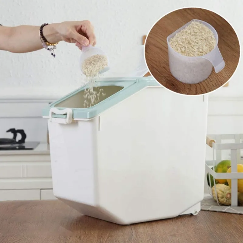 Recipiente de armazenamento de arroz 15kg 33lb, recipiente hermético para alimentos com organizador de grãos de cereais selado com rodas para cozinha, cerca de 80 copos c307q