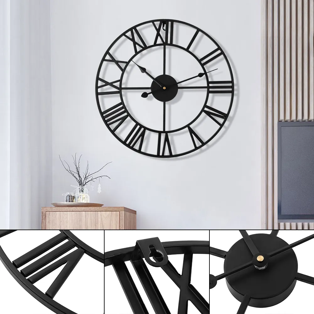 40cm Large Outdoor Garden Wall Clock Nordic Metal Roman Numeral Wall Clocks Retro Iron Round Face Black Home Office Decoration LJ201204