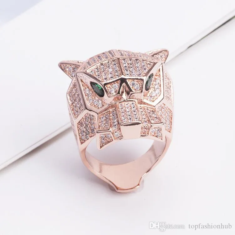 Tiger Leopard Head Ring CZ Jewelry Lovers Cute Rings Exquisite Copper Plated Hollow Green Eyed
