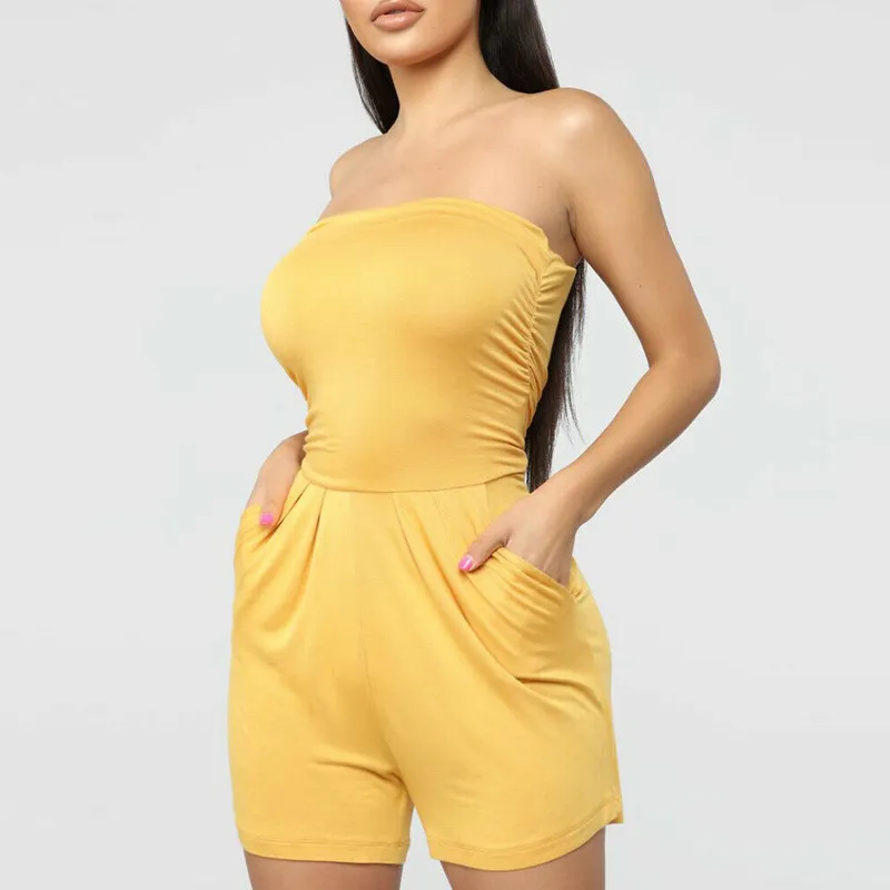 Kvinnor utanför axelstopplös jumpsuit sommar strandbyxor byxor playsuit TC21 T200704