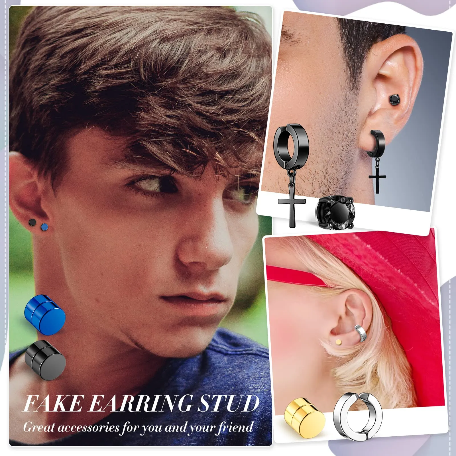 10 pares de pendientes magnéticos de acero inoxidable, pendientes de aro colgantes sin perforación, Clip unisex en pendiente magnético CZ Set5751701