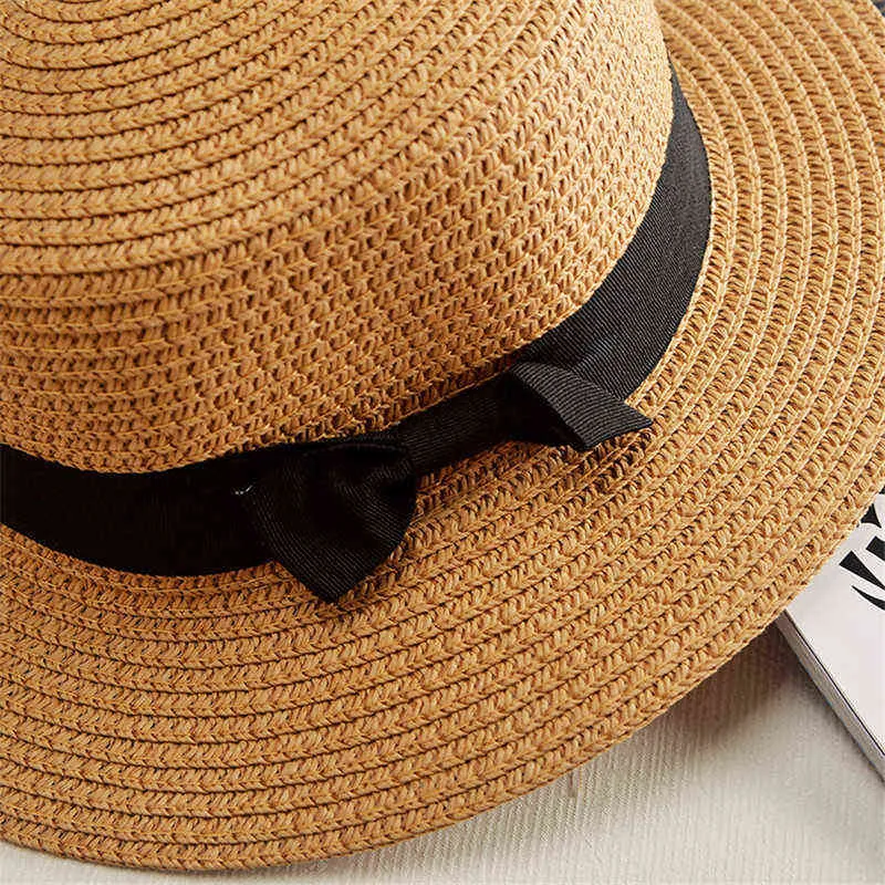 2019 Sommarhatt Kvinnor Beach Straw Hat Panama Cap Fashionable Handgjorda Casual Flat Brim Bowknot Sun Hattar för Kvinnor Gorras G220301