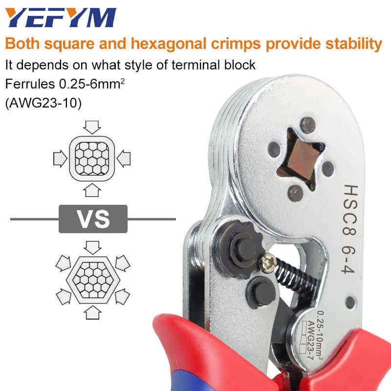 Buisvormige Terminal Krimptang HSC8 6-4 6-6 16-6max 0 08-16mmwire mini Beentje crimper gereedschap YEFYM Huishoudelijke elektrische kit 2201211W