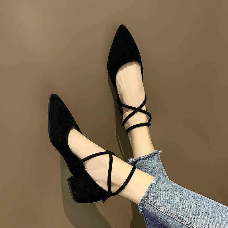 Dress Spring Autumn Women Black Strap Flats Ankle Warp Low Heels Ladies Pointed Toe Flat Shoes zapatos mujer N7683 220309