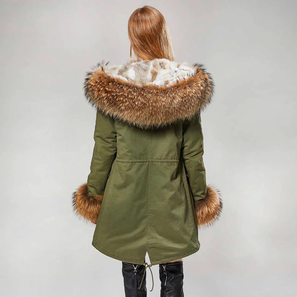 MMK moda donna parka cappotto fodera in pelliccia di coniglio grande collo di procione giacca invernale lunga con cappuccio verde militare stagione calda ja 211220