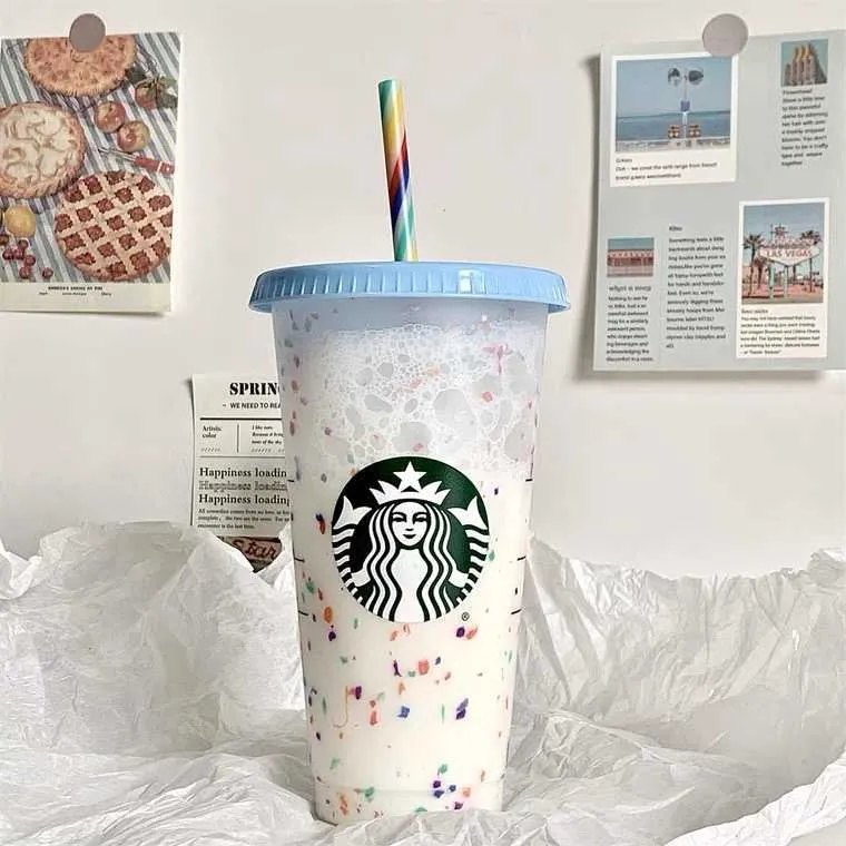 Starbucks Tumbler Reutilizable Vaso de plástico reutilizable con tapa y plástico de paja Copa de paja colorida de la botella fría Cambiar confeti Copa de frío MLH9RU