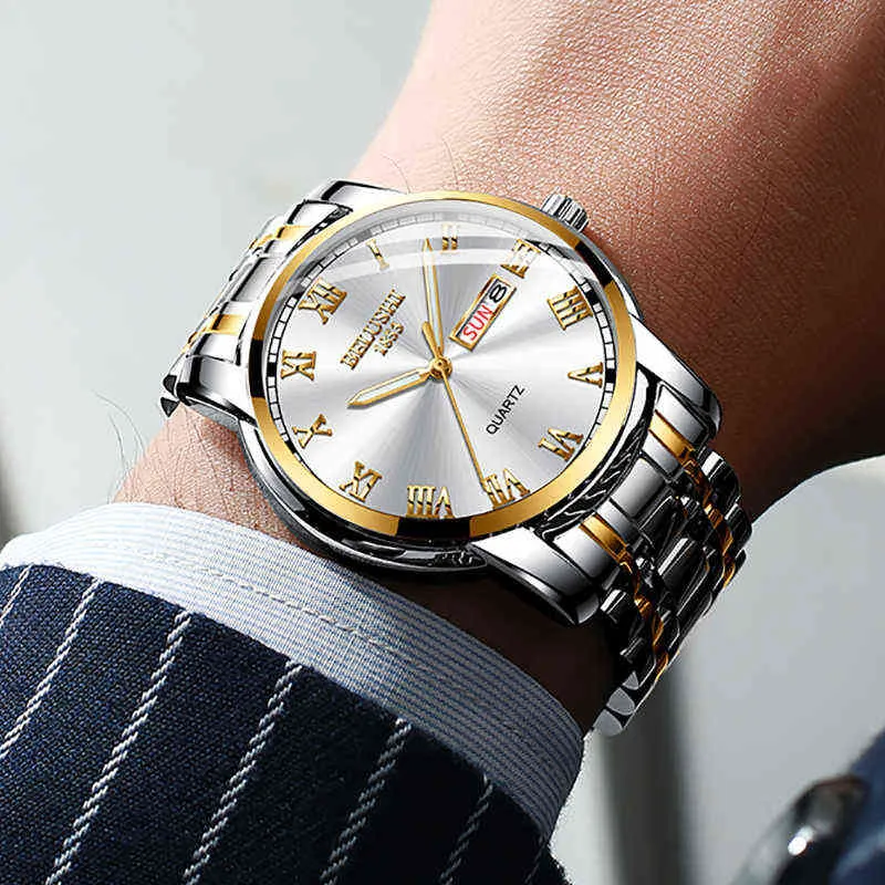 BELUSHI лучший бренд, мужские часы из нержавеющей стали, деловые часы с датой, водонепроницаемые светящиеся es, мужские роскошные спортивные кварцевые наручные часы 220117212L