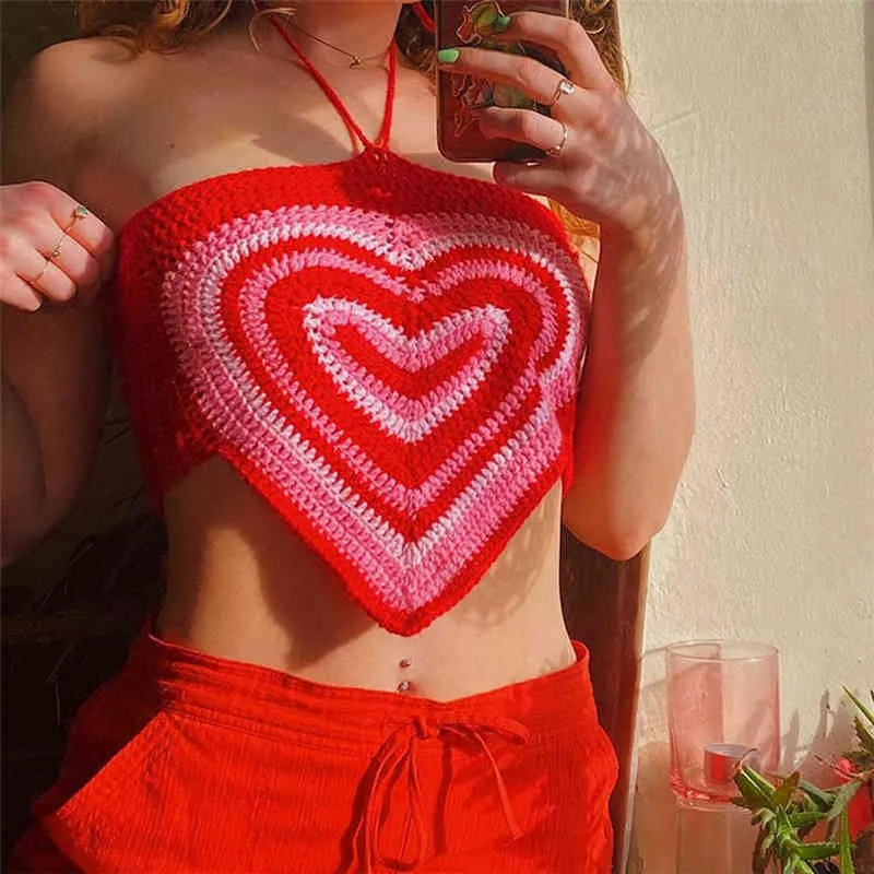 YiYiMiYu Coeur Y2K Halter Neck Crop Top Femmes Bandage Été Vert Sans Manches Dos Nu Vintage Tricot Hors Épaule Sexy Débardeurs Y220308