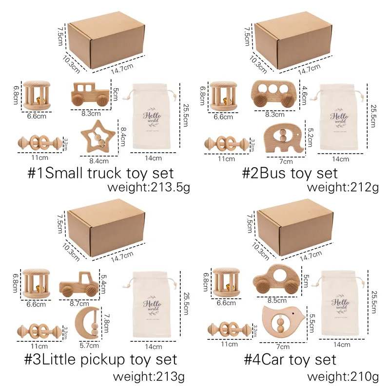 4 pezzi set giocattoli bambini sonagli in legno di faggio naturale dentizione roditore anello musicale regalo neonato passeggino montessori giocattolo 2203113954514