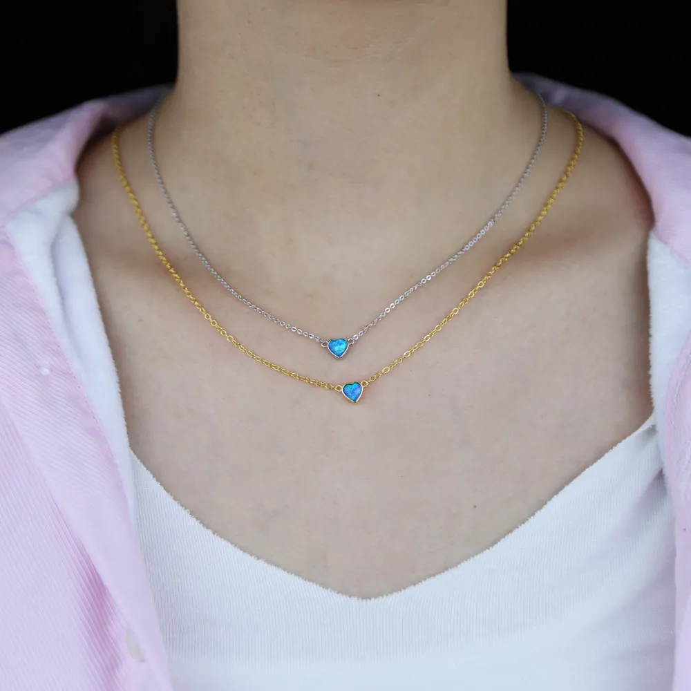 2021 high quality 5mm blue opal heart Gem pendant necklace for women girl fashion elegant lover girlfriend gift lovely necklace
