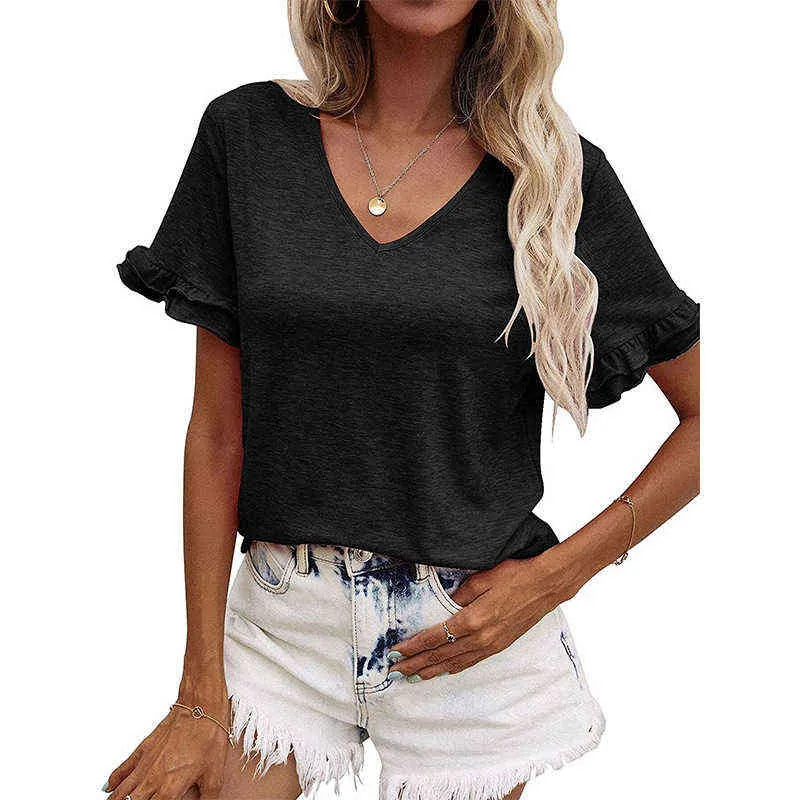 Kvinnor Sommar Mode Solid Färg V-Neck Förfriskande Ruffled Kortärmad Top Lady Popularitet Lös Casual Multicolor Youth T-Shira G220310