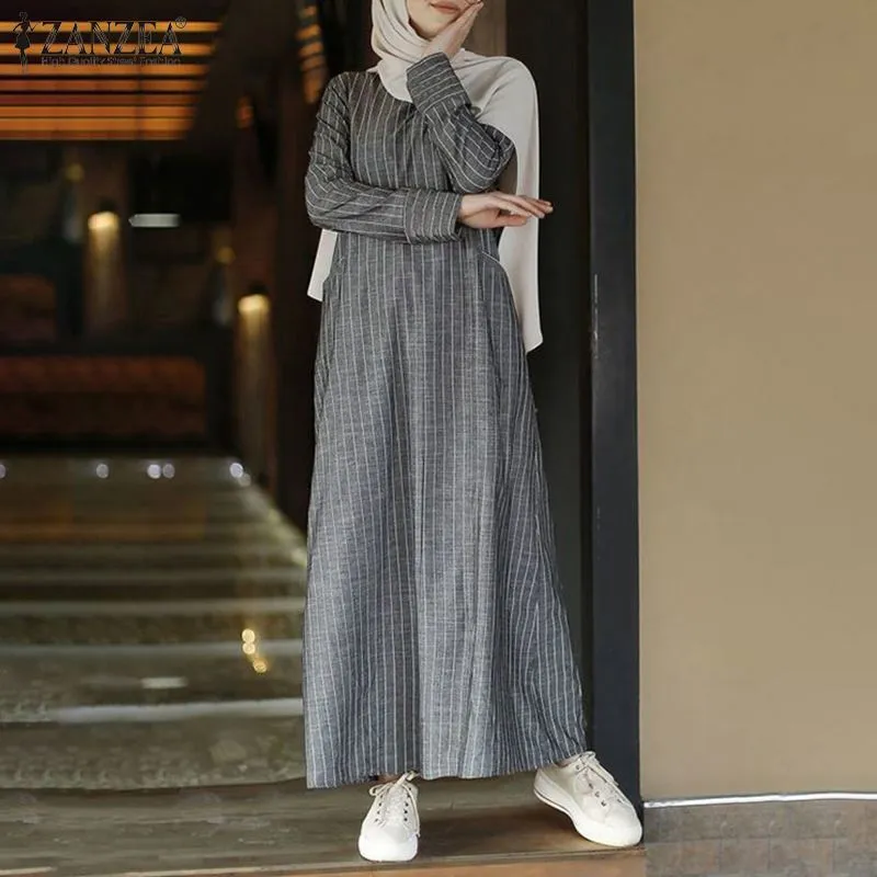 Plus storlek muslimsk klänning kvinnor långärmad randig sundress zanzea höst bomull linne klänning kaftan vestido femme baggy 5xl y0118