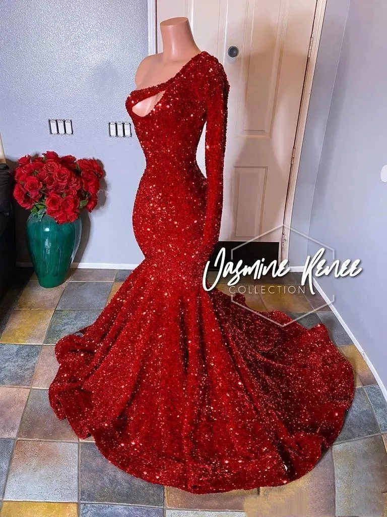 Red One Shoulder Sequins Mermaid Long Prom Dresses Sparking Long Sleeves Ruched Evening Gown Plus Size Formal Party Wear Gowns BC3613