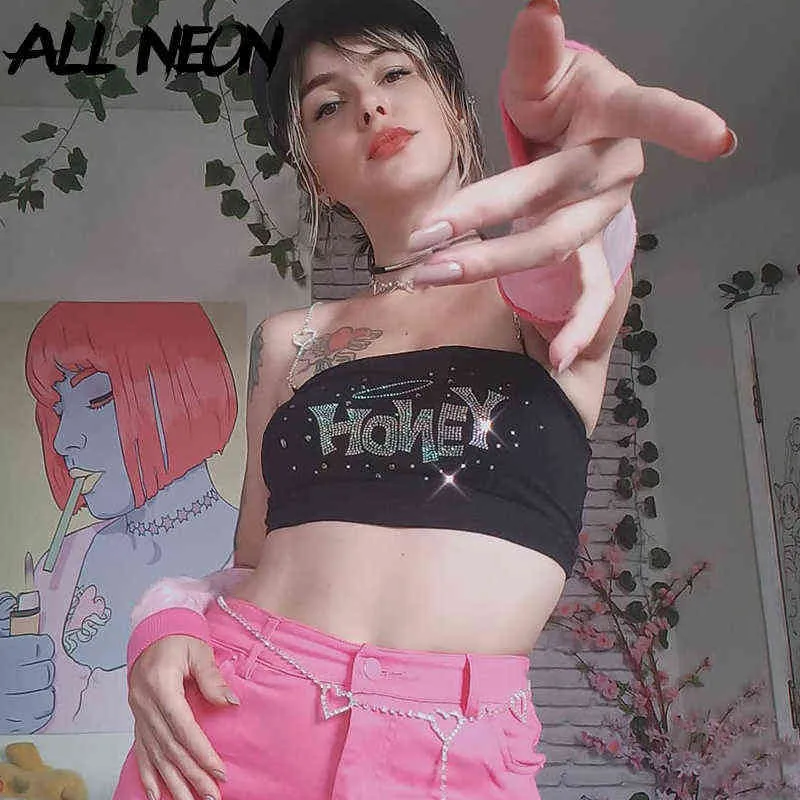 ALLNeon 2000s Aesthetics Kawaii Rhinestone Trim Letter Crop Tops Pastel Goth Y2K Chain Straped Black Cami Top Cute Outfits New Y220308