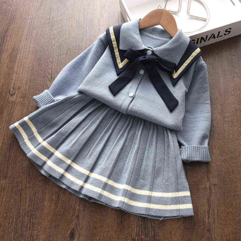 Bear Leader Kids Girl Knitted Winter Suit Skirt Fashion Check Stripe College Style Ruffles Cute Vestidos Children Clothes Y220310