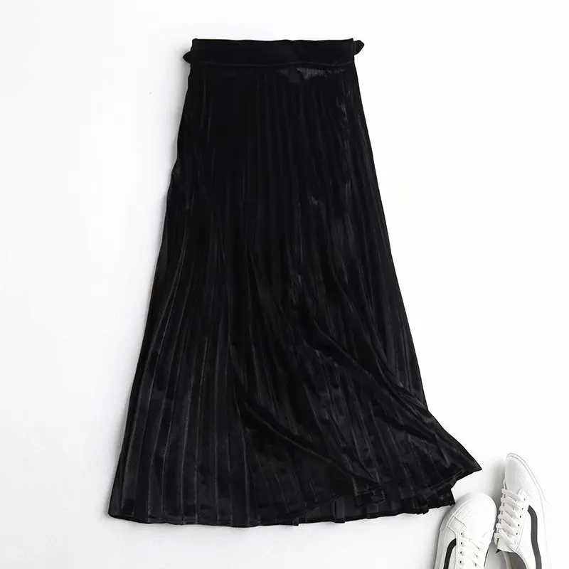 Moda di buona qualità Black Velvet Gonna pieghettata Donne Elegante inverno caldo Gonne di lunghezza della caviglia la donna Slim da donna lungo Gonna Y1214