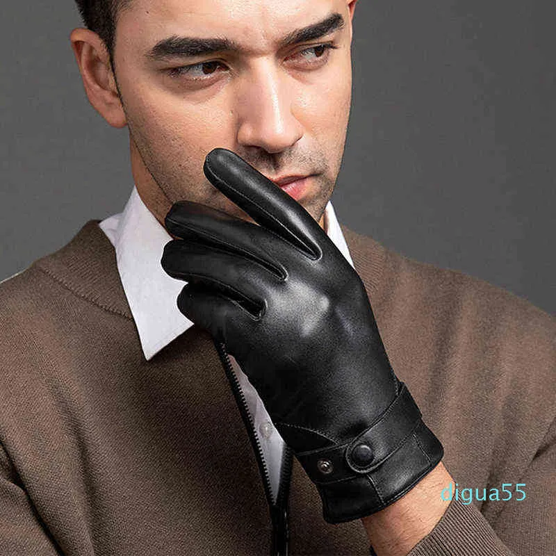 Fashion Autumn Men Business Sheepskin Leather Gloves Winter Full Finger Touch Screen Black Gloves Riding Motorcykelhandskar175o