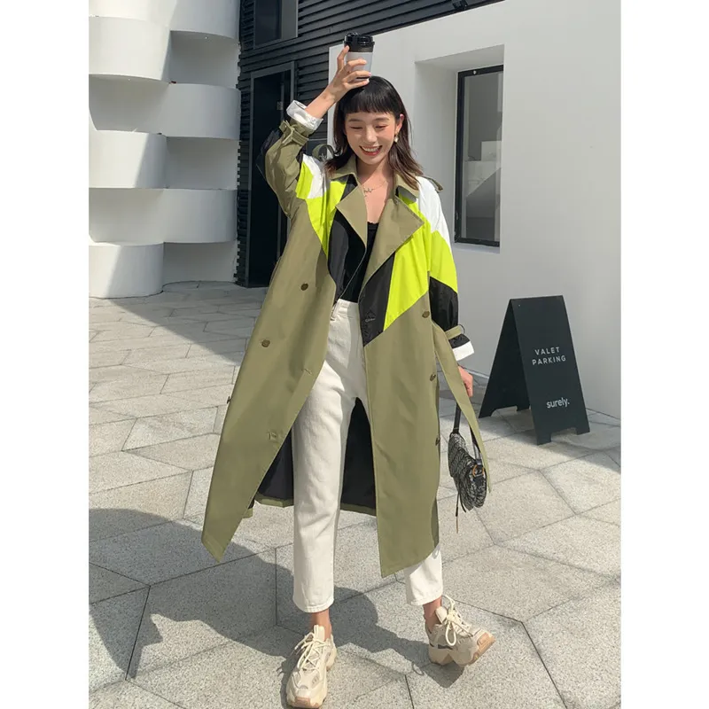 DEAT Autumn Fashion Trench Coat Women Hit Color Full Sleeve Lapel With Sashes Slim Long Length Elegant Wild HT034 201030