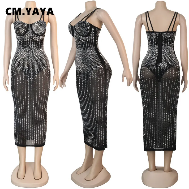 CM.YAYA Mesh See Through S Plunging V-cuello Midi Vestido ajustado para mujeres Sexy Club Vestidos de fiesta Lápiz Vestidos 220215