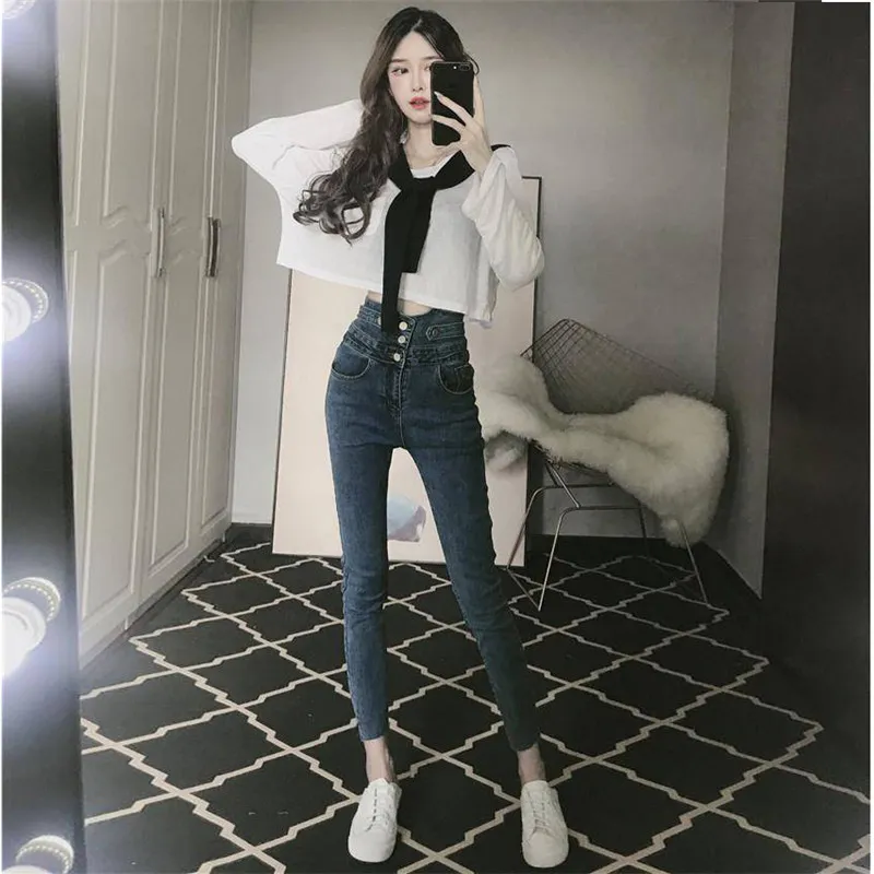 Femmes Taille Haute Élastique Skinny Denim Crayon Pantalon Maman Jeans Camisa Feminina Dames Slim Casual Pantalon Court Femme Streetwear 201029