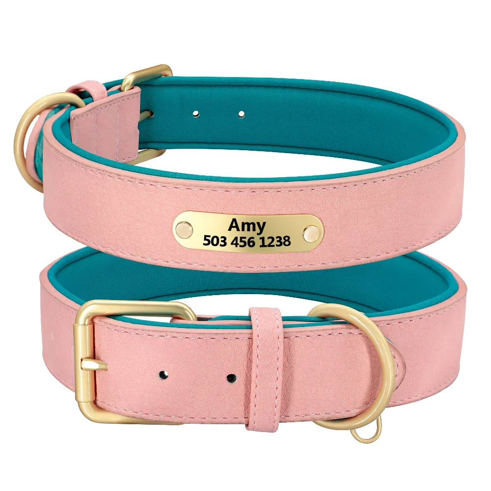 Leather Dog Collar Personalized Custom s Name Collars 2 Layer Padded Tag Adjustable for Small Medium Large s Y200917