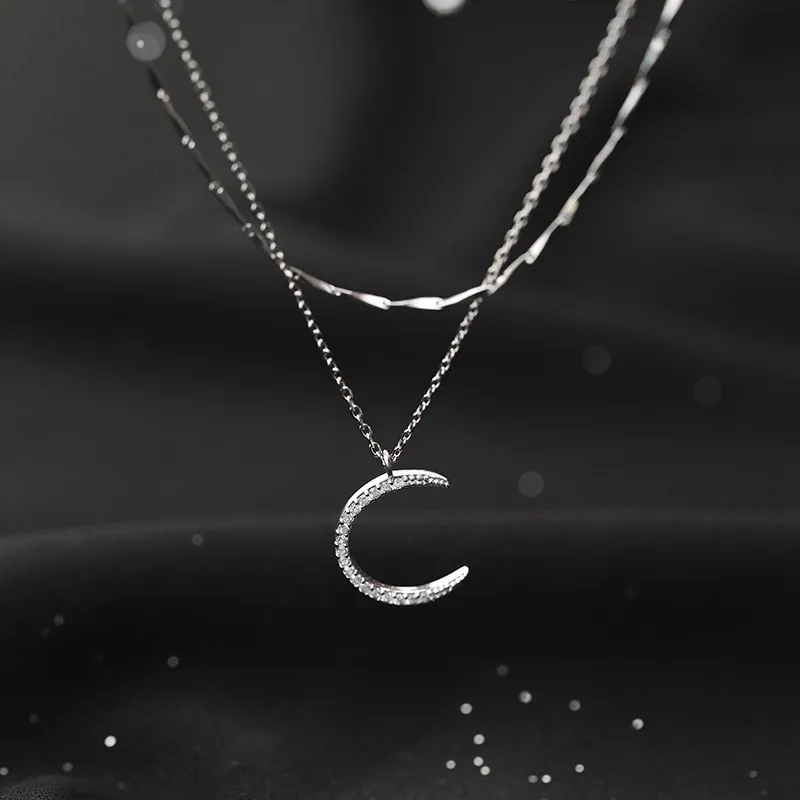 Louleur Real 925 Sterling Silver Moon Kolye Zarif Çift Katman