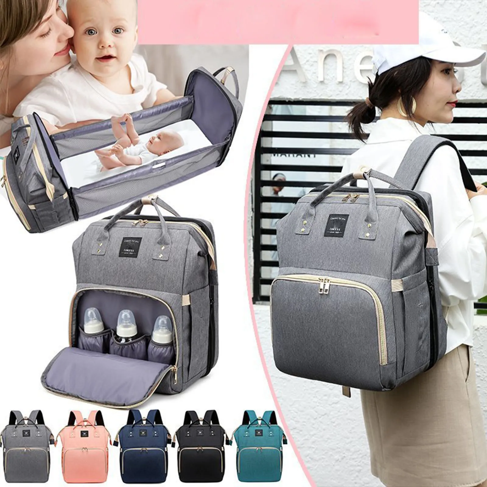 대용량 기저귀 가방 미라 출산 배낭 여행 휴대용 어깨 다기능 폴드 침대 가방 방수 세련된 팩 LJ201010