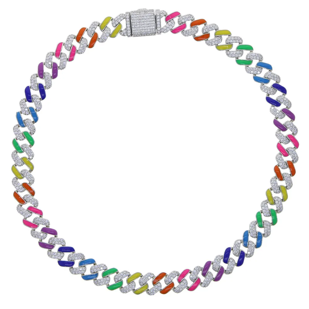 2021 Iced Out Rainbow Emalj Kvinnor Hip Hop Choker Jewelry Pave 5A Cubic Zirconia 11mm Kubansk kedje Choker -halsbandsmycken Drop Shi274H