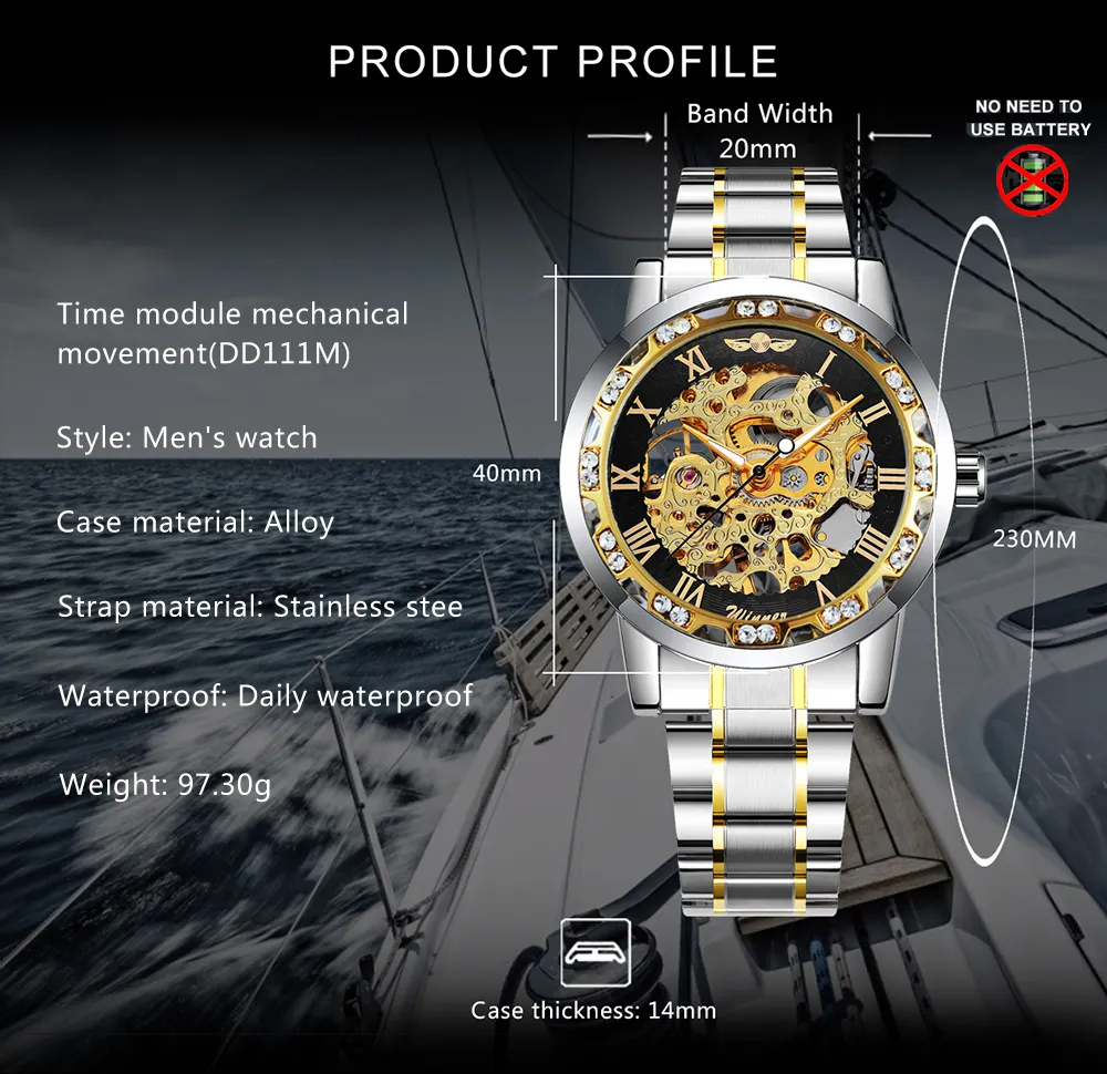 Gagnant creux mécanique hommes montres haut de gamme de luxe glacé cristal mode Punk acier montre-bracelet pour homme horloge 201113266N