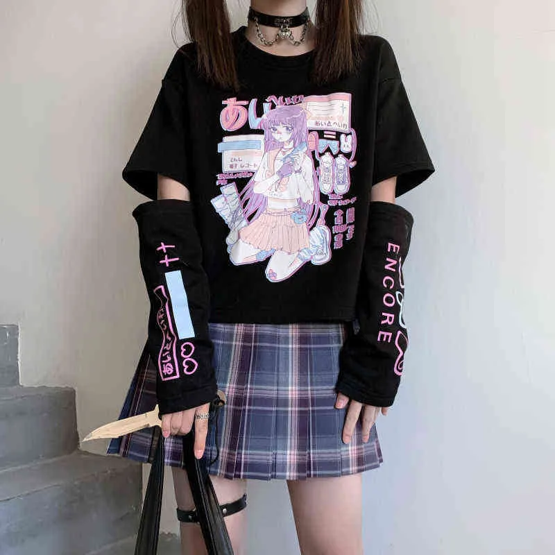 2021 nouveau japonais JK coutures deux manches t-shirt à manches courtes design féminin sens fond chemise noir foncé vêtements pour femmes H1230