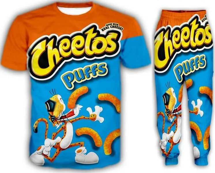 Partihandel - 2022 Ny Mode Casual Cheetos 3D ALLA OVER PRINT TRACKSUITS T-SHIRT + JOGGERS Byxor kostym Kvinnor Män @ 073