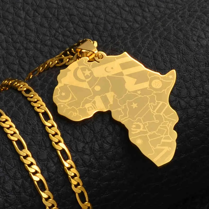 Anniyo Silber Farbe Gold Farbe Afrika Karte mit Flagge Anhänger Kette Halsketten Afrikanische Karten Schmuck für Frauen Männer #035321p330O