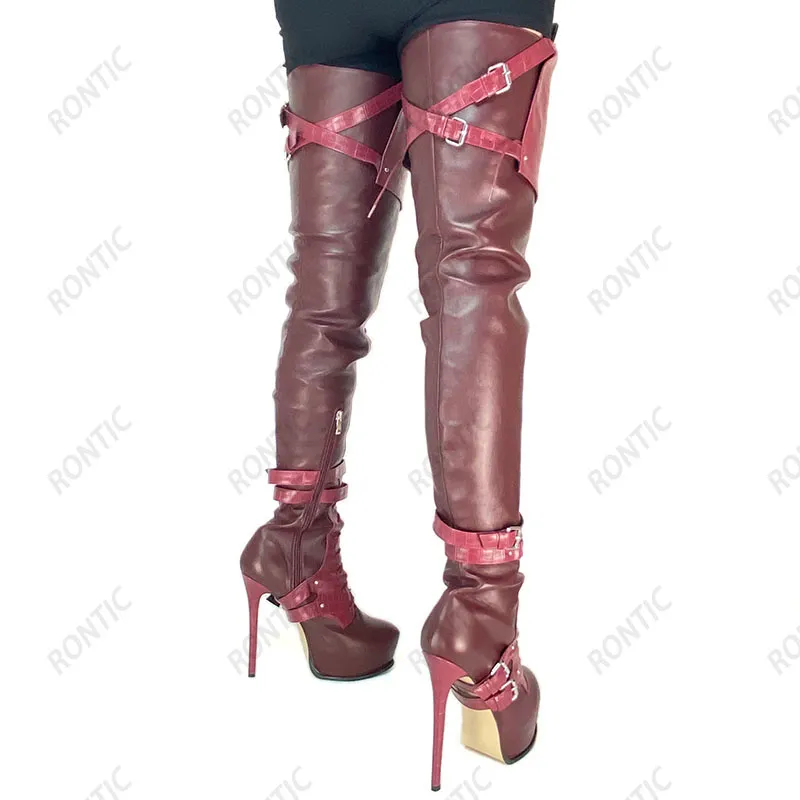 Rontic, botas de invierno para mujer, plataforma oculta, cremallera lateral, tacones de aguja, punta redonda, fabulosos zapatos de fiesta color burdeos, tallas de EE. UU. 5-20