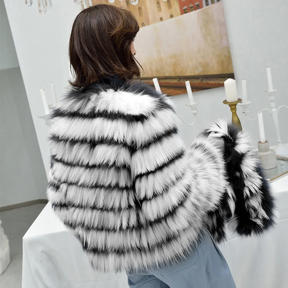 Fashion Women Black And White Stripe faux fur coat long sleeve O-Neck fur jacket Warm Casual outerwear Winter Overcoat Outercoat 201019