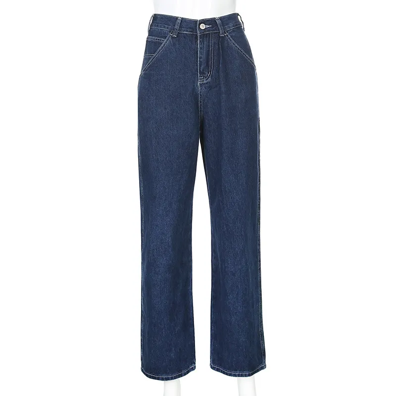 Rétro Bleu Femme Jeans Causal Lâche Baggy Taille Haute Poches Maigres Pantalon Cargo Fermeture Éclair Bouton Large Jambe Jeans Mujer Pantalones 210203