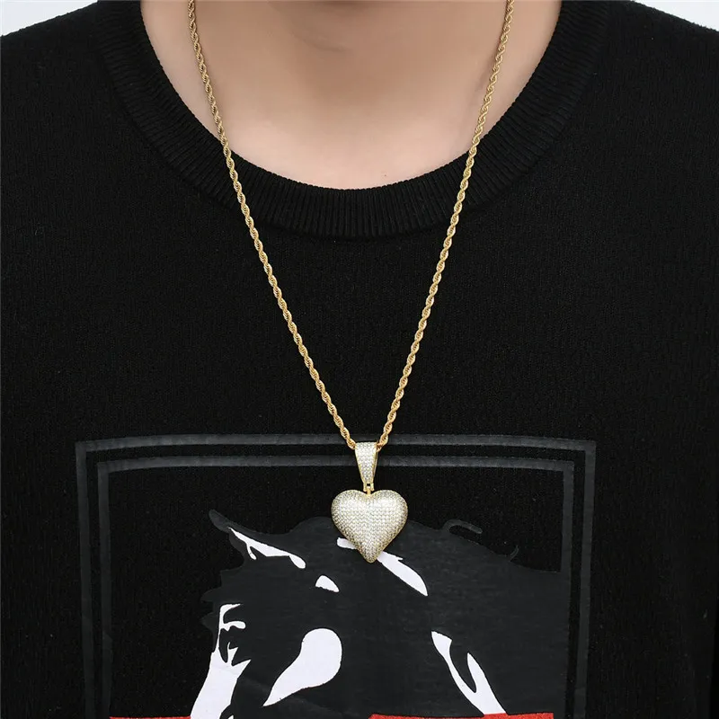 Новое поступление, ожерелье с подвеской в форме сердца и веревочной цепочкой, циркон, мужские ювелирные изделия в стиле хип-хоп, Gift325n