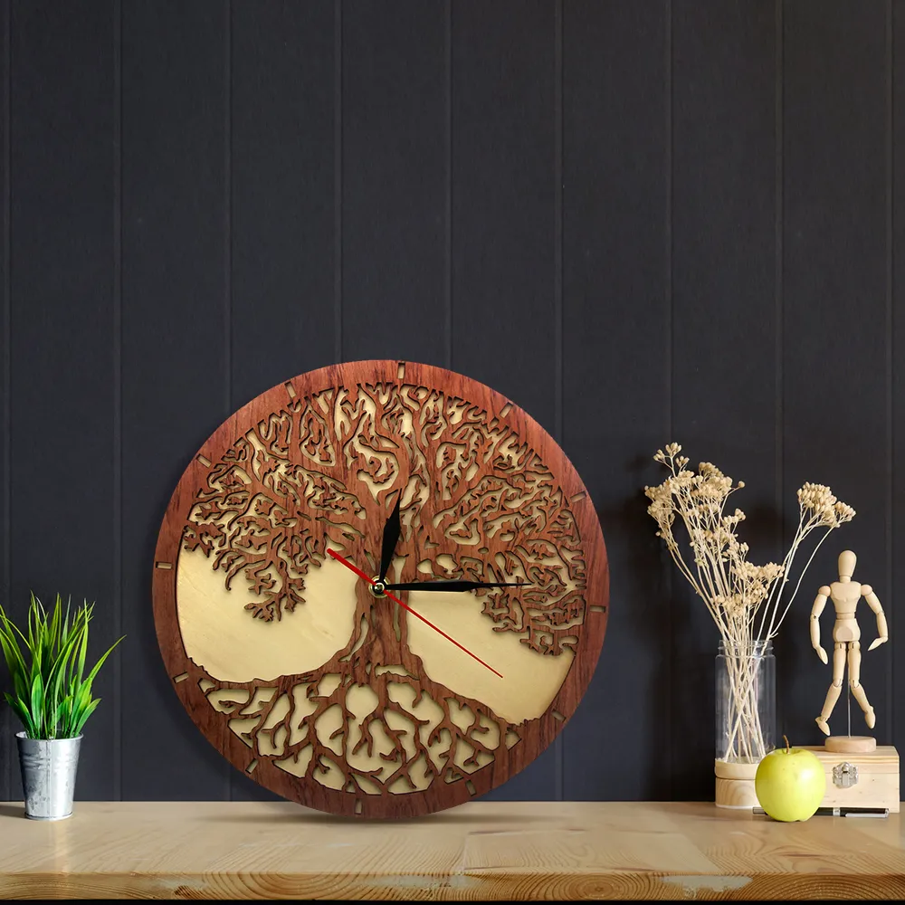 Yggdrasil Arbre de vie horloge murale en bois géométrie sacrée arbre magique décor à la maison balayage silencieux cuisine horloge murale cadeau de pendaison de crémaillère 2245Q