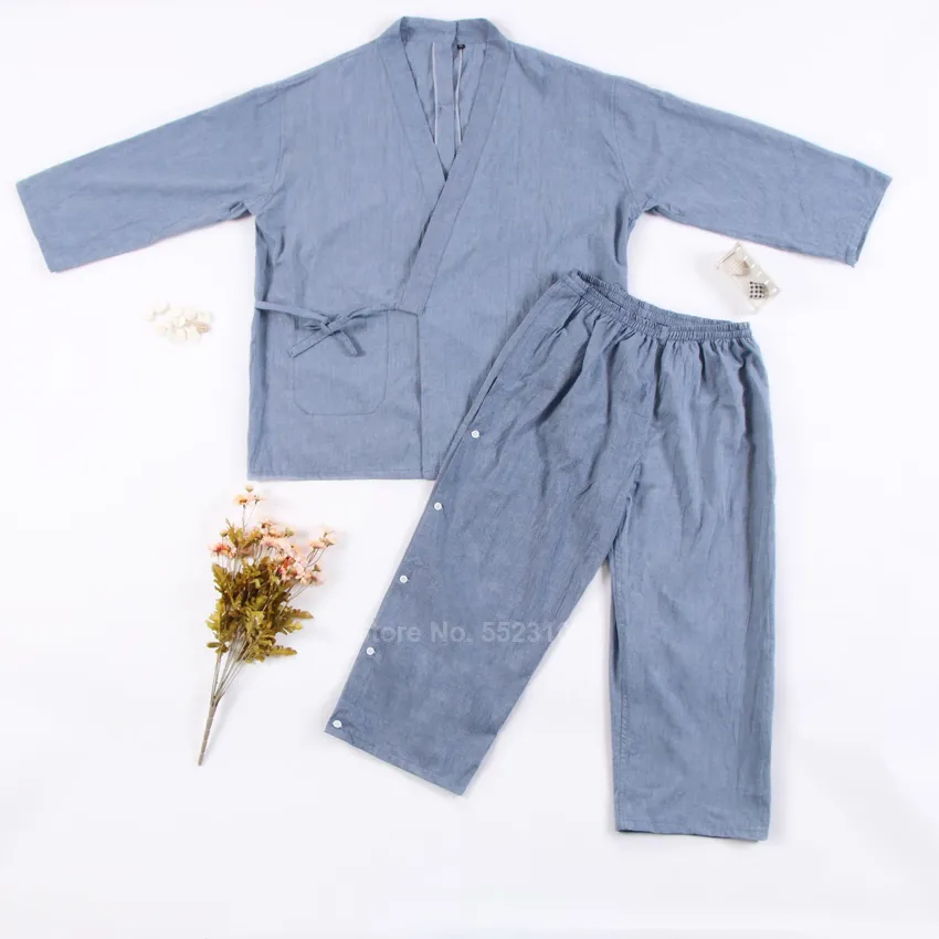 Pur coton style japonais vêtements de nuit ensemble nouveau spa sauna porter dos ouvert message bain pyjamas hommes femmes kimono yukata 201113