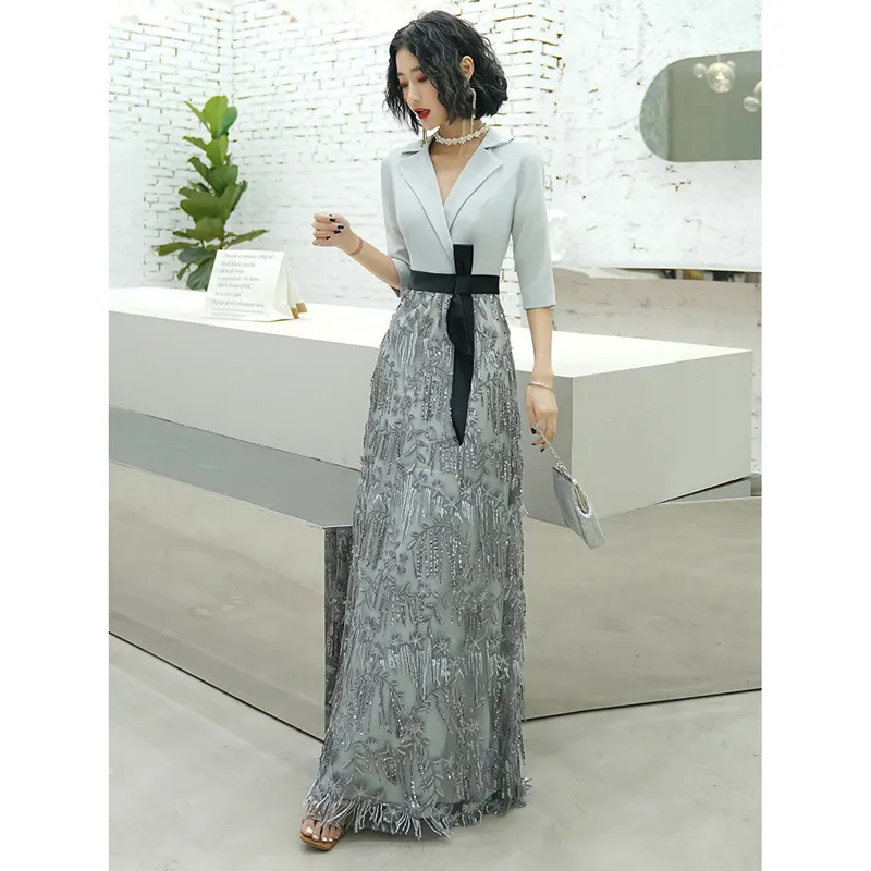 Si tratta di abiti da sera Yiiya grigio elegante nappa abito da sera lungo scollo a V cerniera Plus Size abiti formali 2020 robe de soiree LJ201119