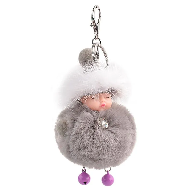 Keychains Pompom Sleeping Baby Keychain Söt fluffig Plush Doll Women Girl Bag Keyrings Cars Key Ring SMycken Gift Porte CLEF1281D