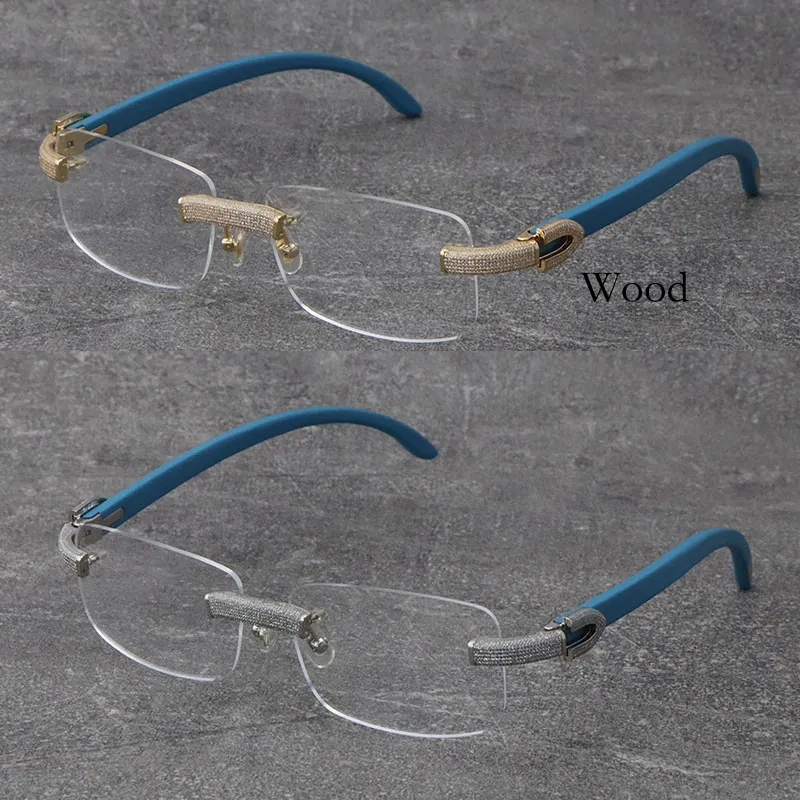 全メタルミックスプランクアームリムレスマイクロ舗装ダイヤモンドセットフレーム木製アイウェア近視眼鏡男性と女性18Kゴールドフレーム2492