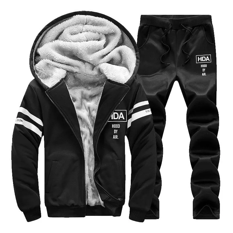 Mäns vinter varma sportfleece -fodrade hoodie och svettpant set manlig casual tracksuit män 2 bit tröja + sweatpants set 201118