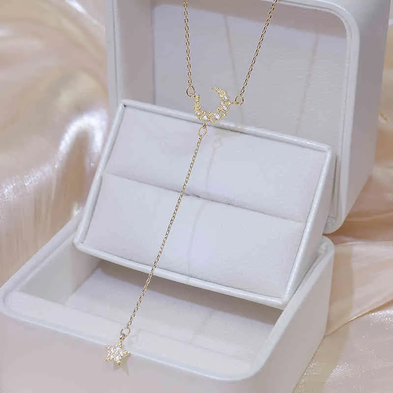 Ins squisita micro intarsiata CZ luna collana le donne 14K oro reale zirconi romantico ciondolo collier Femme