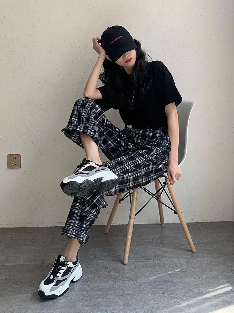 Woherb Vintage Plaid Pants Women New Harajuku Ankle Längd Wide Leg Pants Korean Streetwear Girls Trousers Pantalon Femme T200617