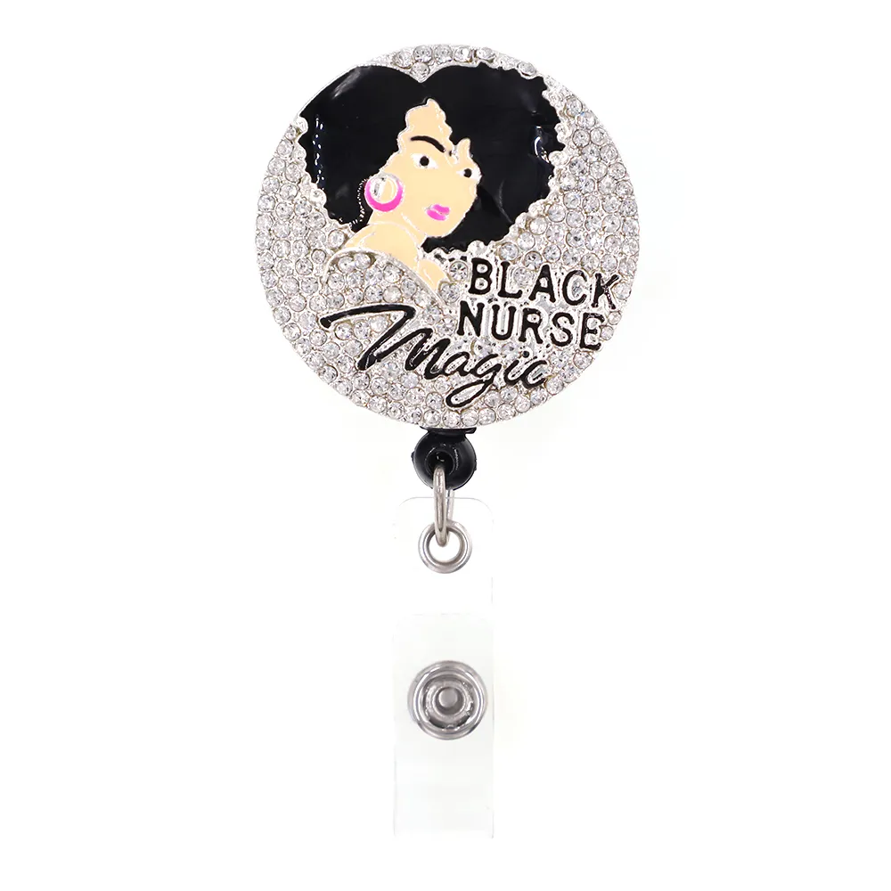 Medicinska nyckelringar Multi-stil Black Nurse Rhinestone Infällbar ID-hållare för namnkortstillbehörsmärke med alligator CLI2431