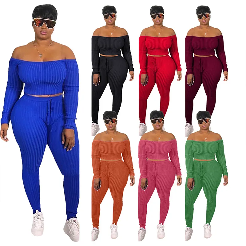 HAOYUAN Sexy Plus Size Two Piece Set Jumpsuit Off épaule Crop Top + pantalon à lacets Survêtement Automne Mode Streetwear Matching Set 201007