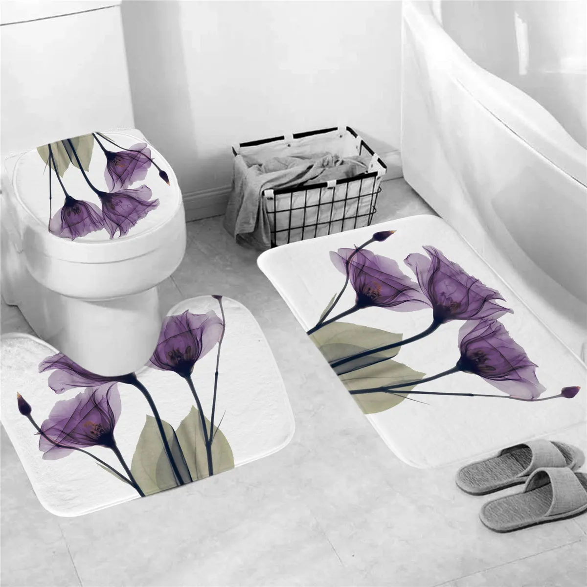 4 pçs flanela superfície tapetes de banheiro cortina de chuveiro antiderrapante tampa de toalete conjunto de tapete de banho flores roxas impressão decoração casa t2007288x